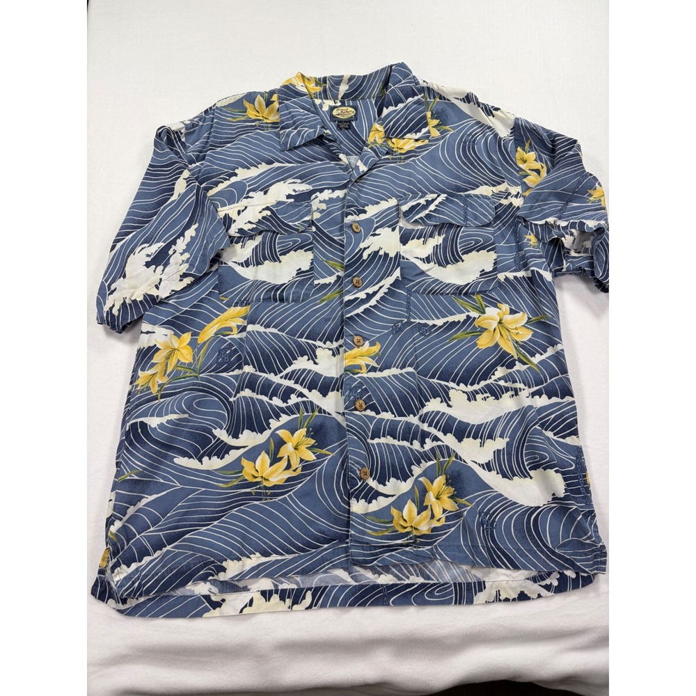 Tommy‎ Bahama Mens Large Blue Wave Lily Tropical Rayon Hawaiian Button Up Shirt